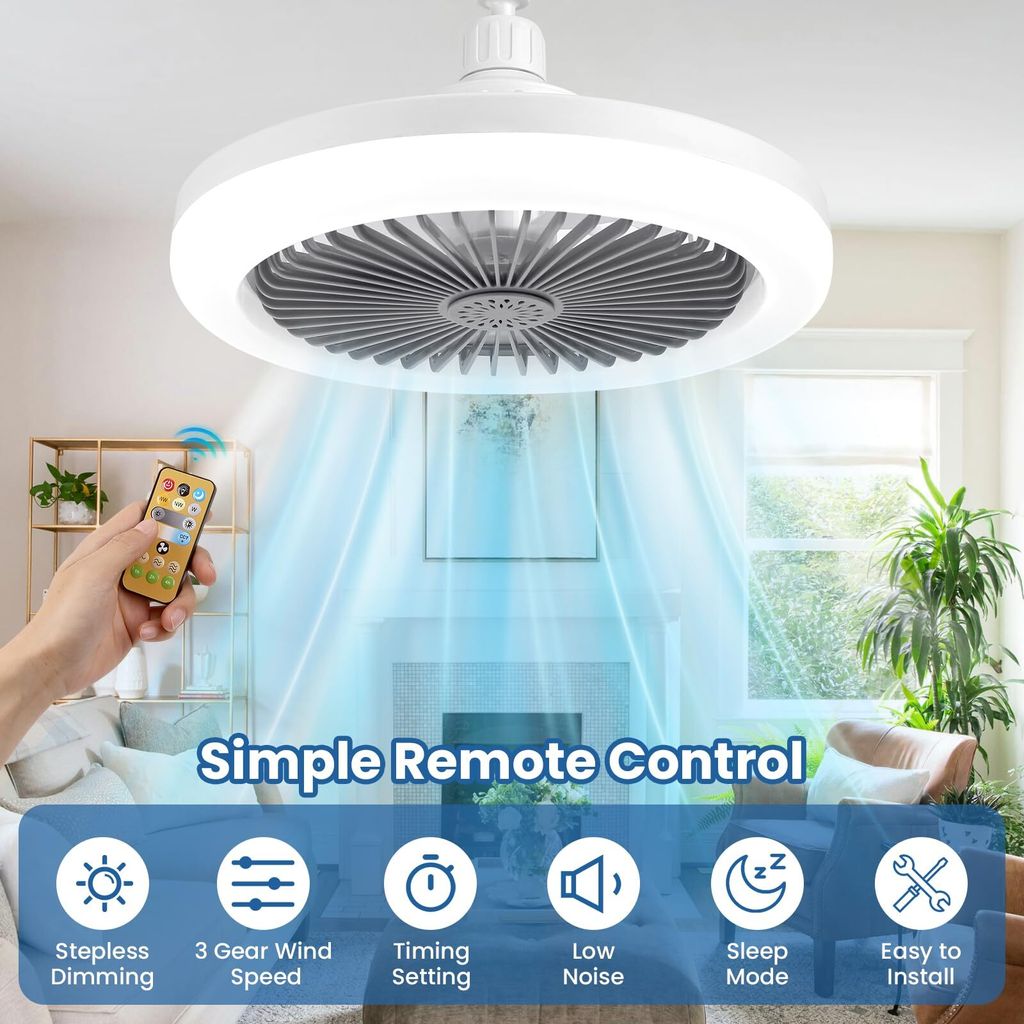 Mute High Wind Power e27 Deckenventilator Licht, 30W Deckenventilator Licht mit Ventilator und Fernbedienung, Timer, 3 Farben dimmbare LED, 3 Gesch...