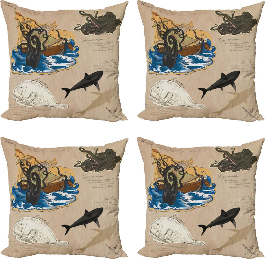 ABAKUHAUS Mystiker Kissenbezug Set (4 Stück), Sea Monsters Piraten, Moderner Doppelseitiger Digitaldruck, 50 cm x 50 cm, Mehrfarbig