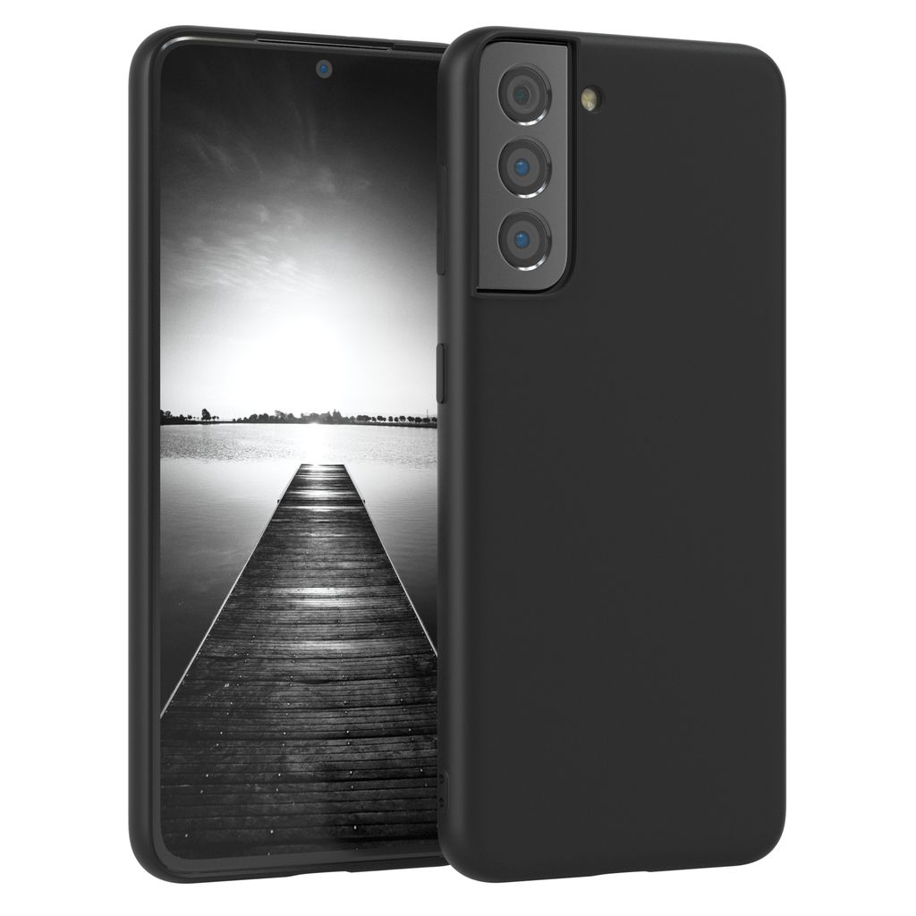 A black phone case is shown on a white background, with a phone inside displaying a black and white image of a pier.