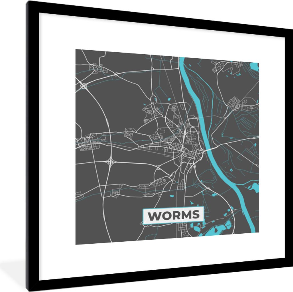 MuchoWow Gerahmtes Poster Stadtplan - Worms - Blau - Deutschland - Karte 40x40 cm - Poster mit Schwarzem Bilderrahmen Wandposter Rahmen Foto Bild...