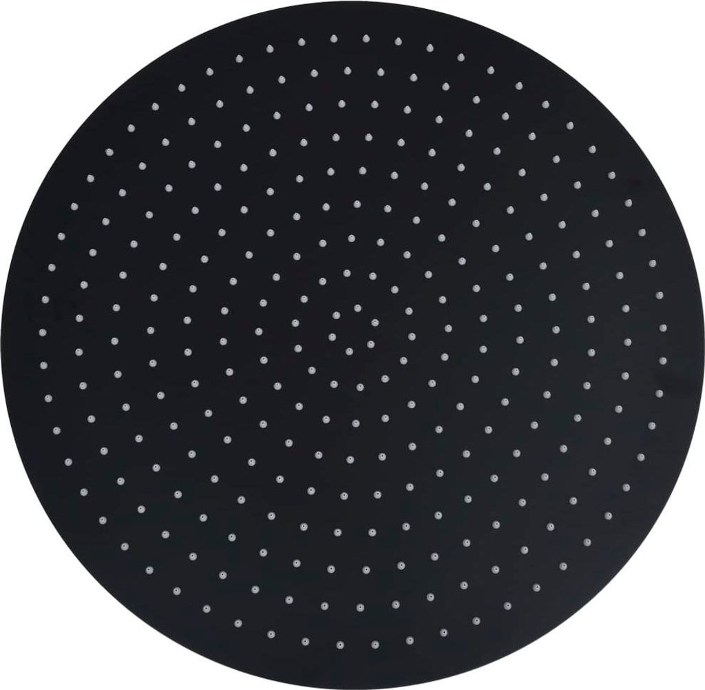 A round black shower head with many small white dots arranged in concentric circles.