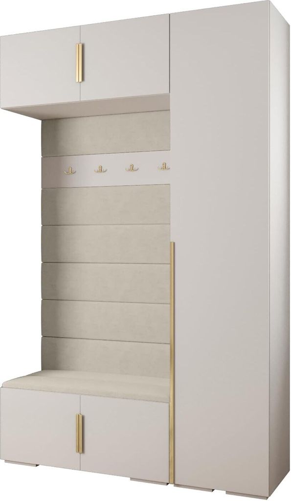 A white and gold entryway furniture set with a bench, coat hooks, and cabinets.