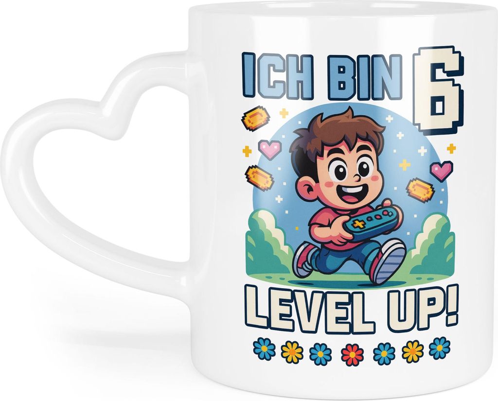 Ich bin 6 Level Up Tasse Herzhenkel Geschenkidee Kindergeburtstag Gamer Junge Mädchen 6 Jahre