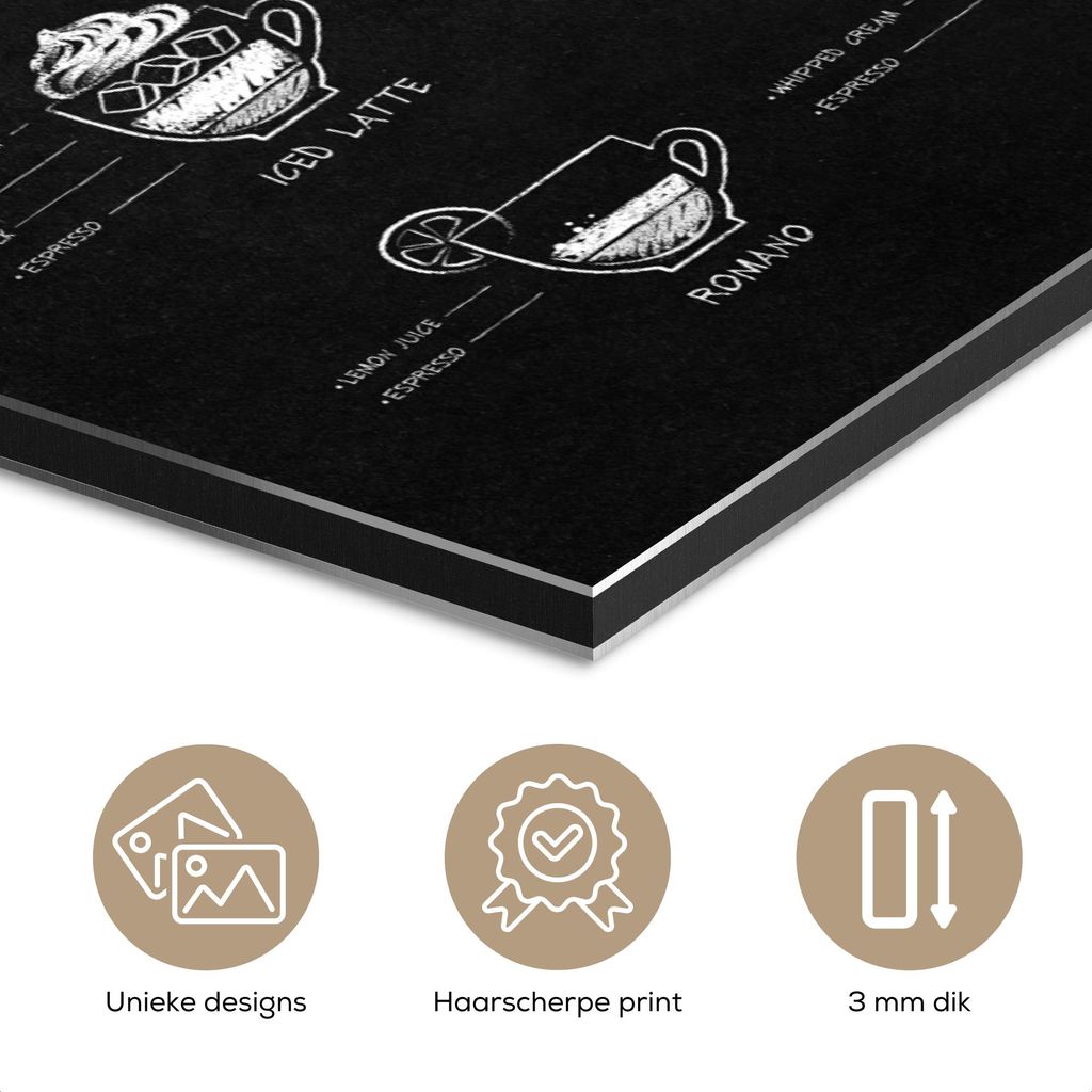 MuchoWow Wanddekoration Metall Metallbild Wandkunst 80x120 cm Kaffeesorten - Texttafel - Schwarz - Cappuccino - Espresso - Latte macchiato MuchoWow...