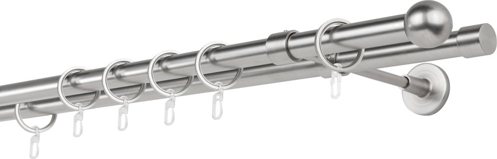 Gardinenstange auf Maß 20mm Ball 2-lauf Wandträger 20cm Farbe: Edelstahl-Optik, Größe: 210cm
