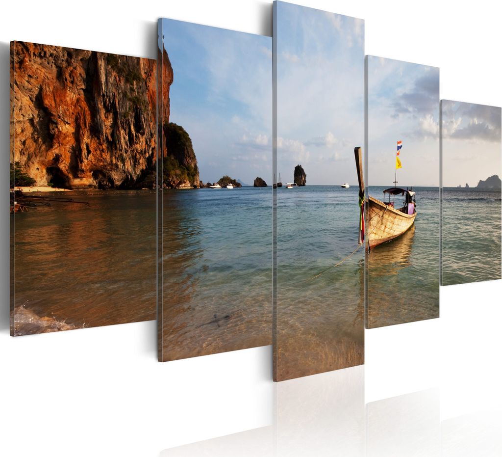 Leinwandbilder Meerlandschaft 200x100 cm Vlies Leinwandbild 5 tlg Kunstdruck modern Wandbilder XXL Wanddekoration Design Wand Bild - Berge Boote Hi...