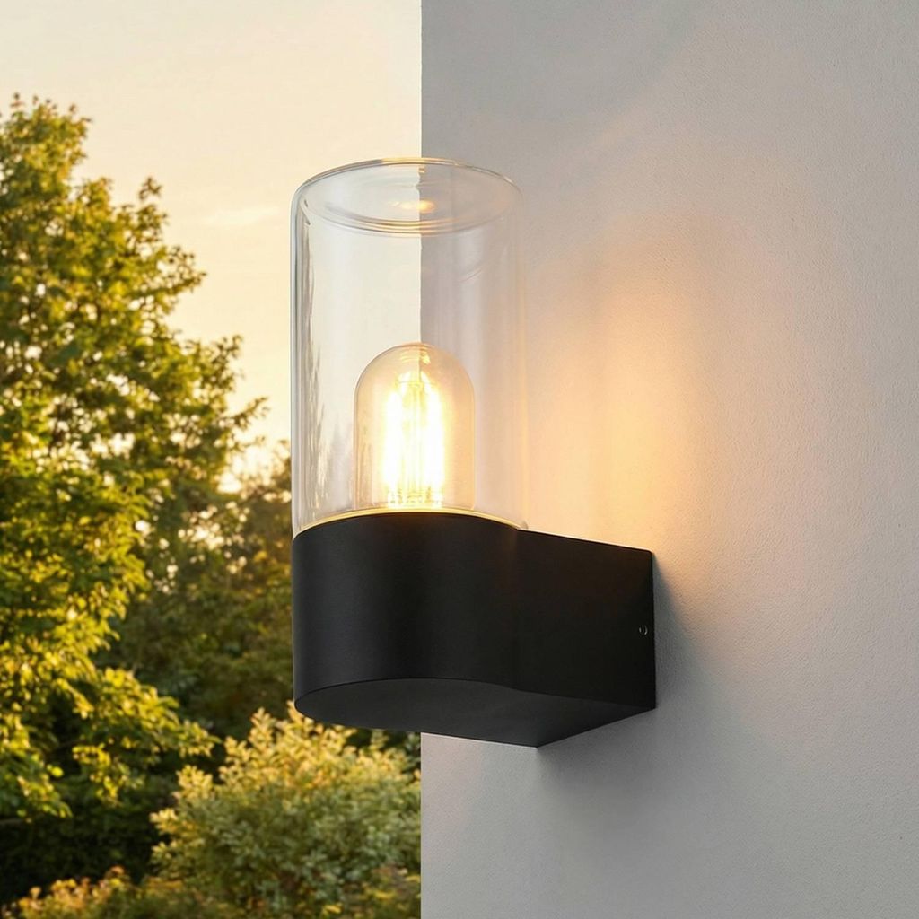 Außenwandleuchte Aluminium Glas 19,7 cm hoch Außenlampe E27 IP44 Schwarz Modern Wandlampe außen Balkonlampe