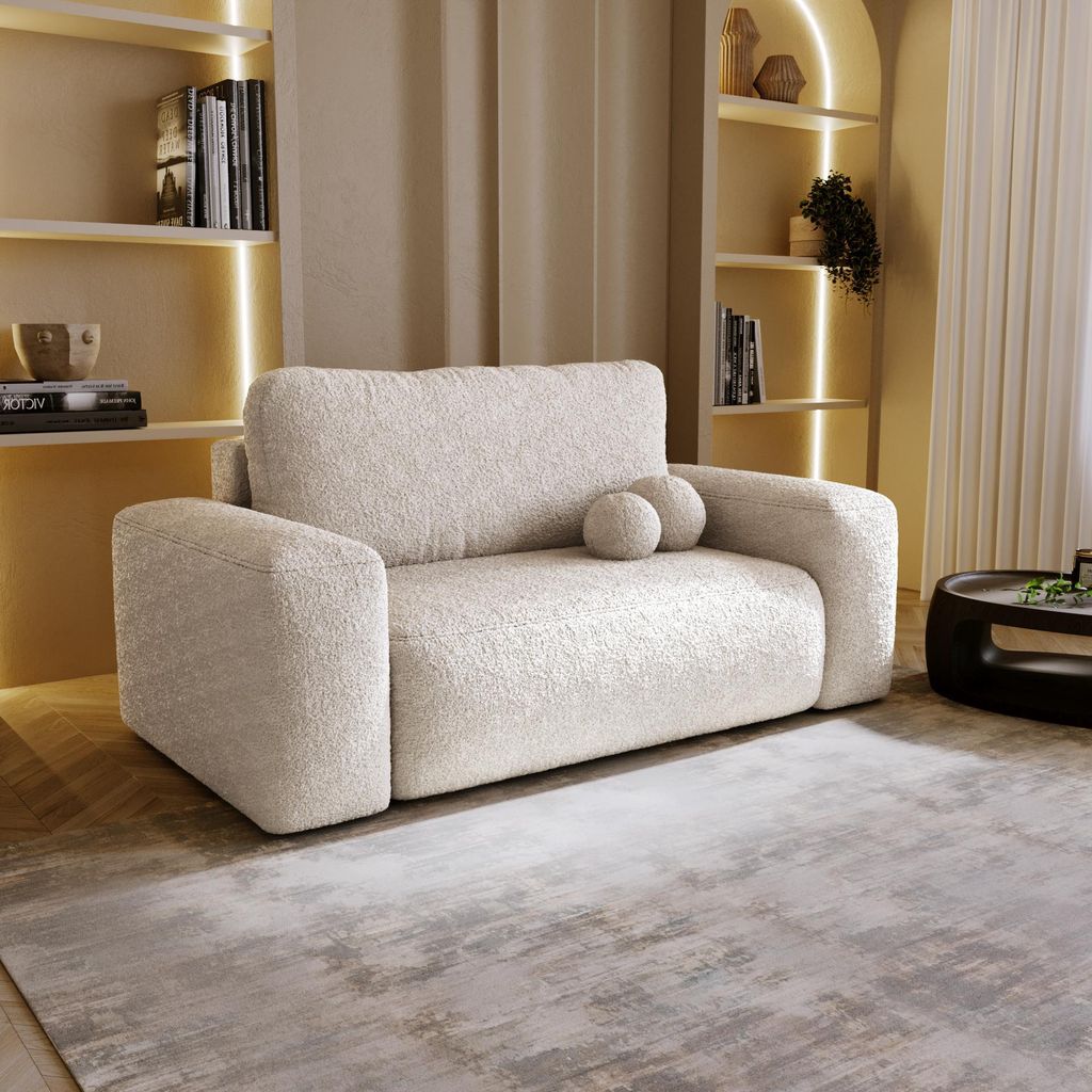BESILIO Ausziehbares Polstersofa Ornello – runde Kissen, Zweisitzer, Schlafsofa, freistehende Boucle-Sofa – Beige