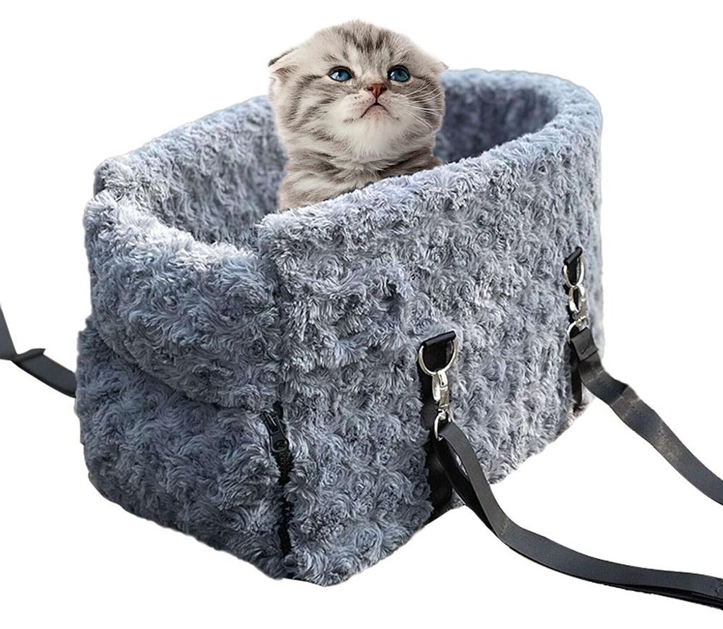Mittelkonsolen-Autositz fuer Hunde, Winter-Pluesch-Katzen-Armlehne, Sitzerhoehung mit Sicherheitsgurt, tragbare Reisetaschen fuer Hunde und Katzen,...
