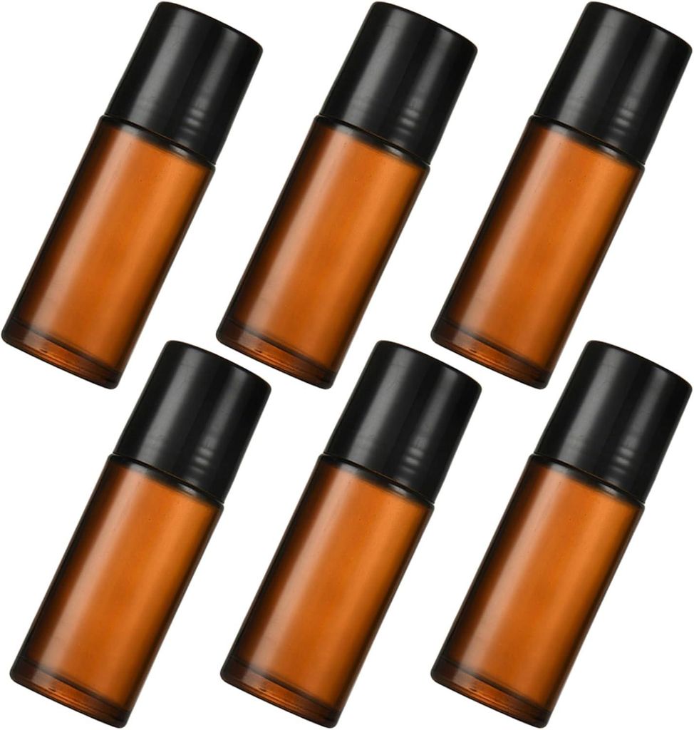 Set mit 6 wiederbefš¹llbaren und leeren 50-ml-Kugelflaschen aus braunem Glas fš¹r ?therische ?le, Parfums und Kosmetika.