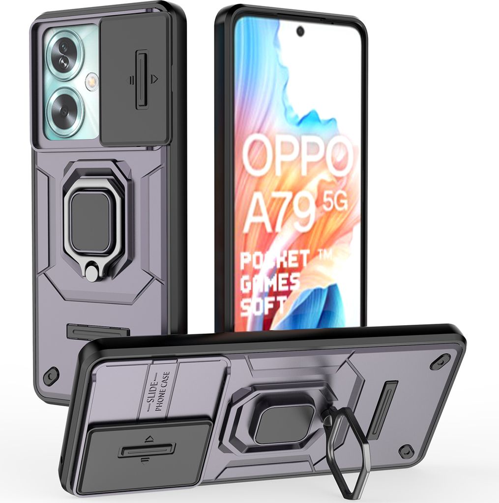 Hülle für Oppo A79 Dual Layer Handyhülle Schiebe Kamera Schutz und Ringhalter Ständer Lila
