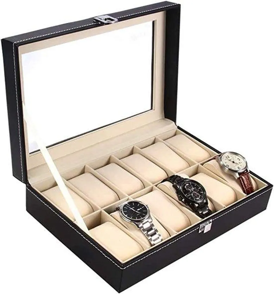 Boîte à montres en cuir avec intérieur velours et tiroir à bijoux