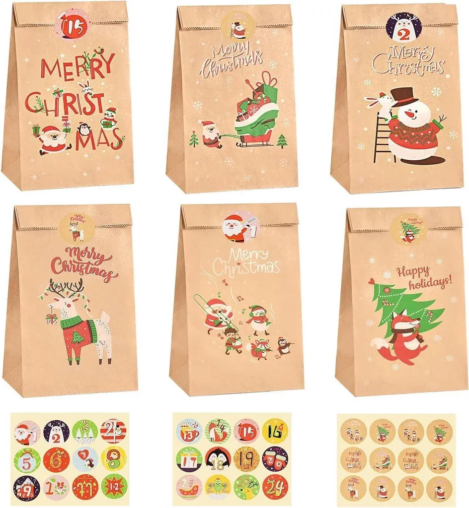 Pochettes Cadeaux Noël en Kraft Brun et Stickers - Lot de 24 Unités DIY
