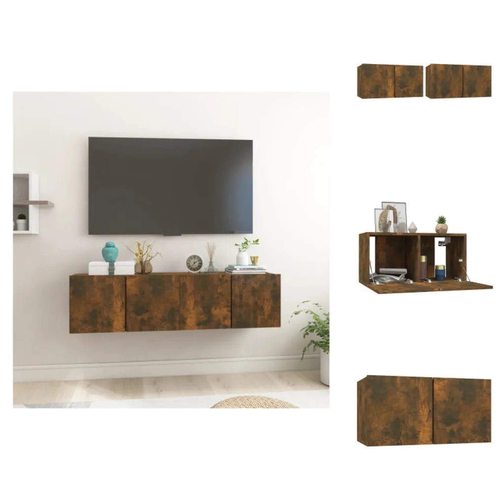 Meuble TV Suspendu 2 pièces en Chêne Fumé 60x30x30 cm - Ensemble Mural Chic