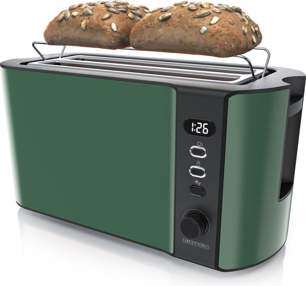 Arendo Toaster 4 Scheiben Edelstahl Langschliz, Langschlitztoaster, Doppelwandgehäuse, Display mit Restzeitanzeige, 1500W, Brötchenaufsatz, Defro...