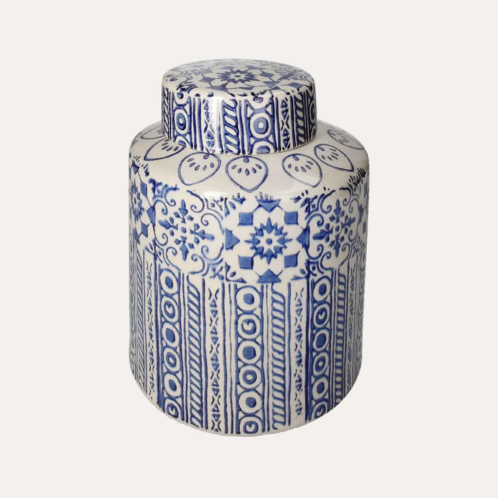 Grande Potiche Céramique Beige avec Décoration Bleue Peinte à la Main
