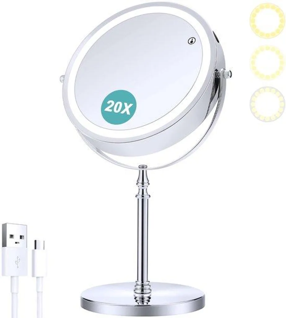 Miroir LED 20 cm à intensité variable 3 couleurs pour soin du visage