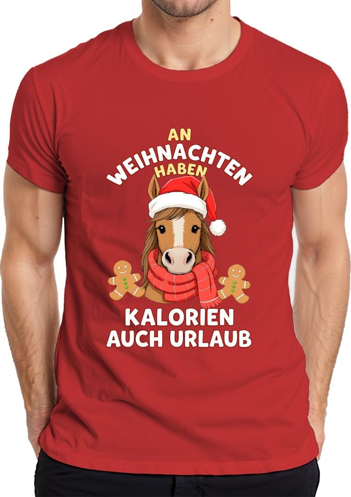 An Weihnachten haben Kalorien auch Urlaub Pferd Reiter lustig Herren T-Shirt, Rot, L