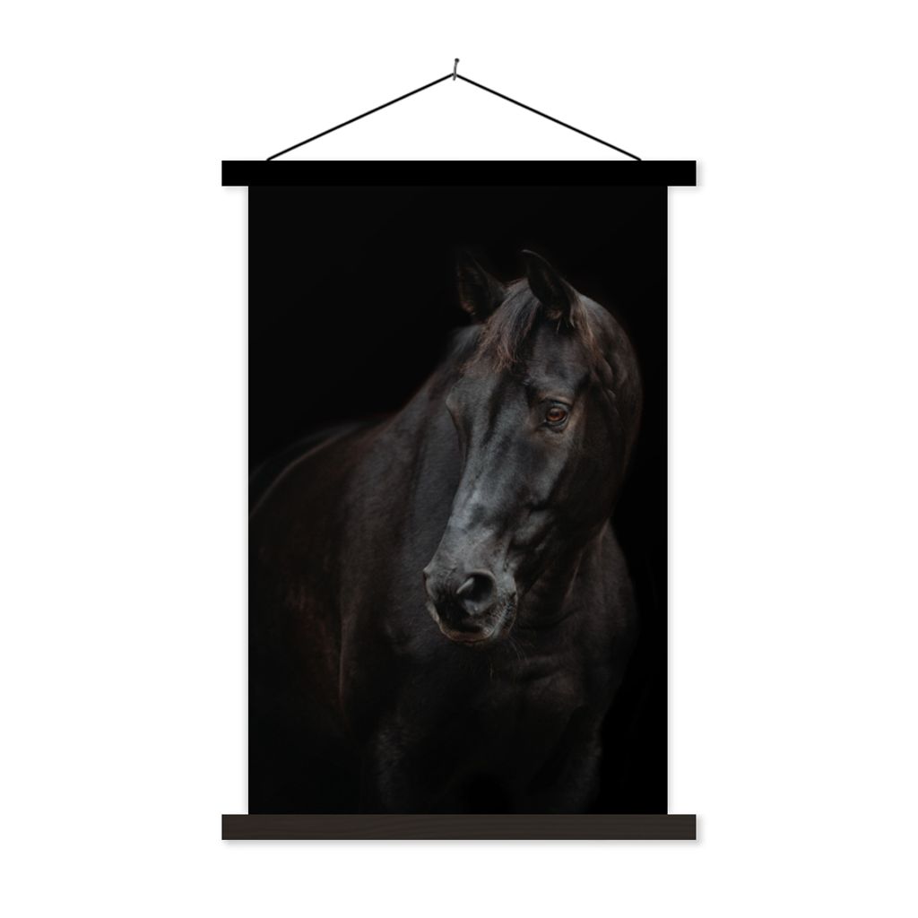 MuchoWow Textilposter Pferd - Leicht - Schwarz 60x90 cm mit schwarzem Rahmen - Poster Wohnzimmer