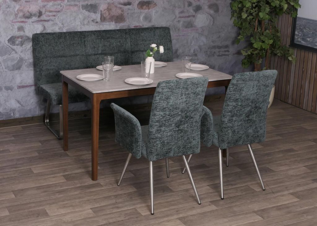 Esszimmer-Set HWC-G55, 2er-Set Stuhl mit Armlehne+Sitzbank 160cm, Edelstahl gebürstet Stoff/Textil Chenille blau-grün
