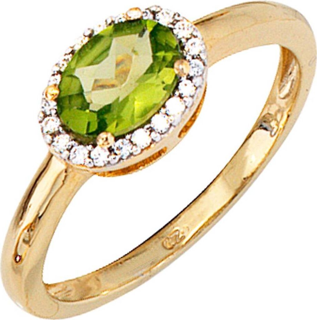 JOBO Damen Ring 585 Gold Gelbgold teilrhodiniert 20 Diamanten 1 Peridot grün Goldring Größe 60