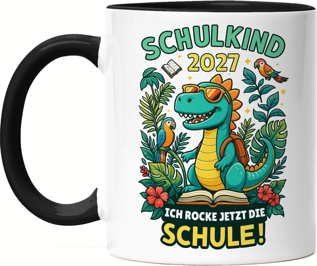 Schulkind 2027 Dino Tasse Schwarz Ich rocke jetzt die Schule Einschulung Geschenk Erstklässler Kinder cooles Motiv