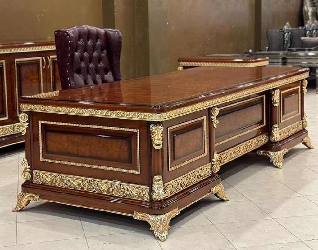 Casa Padrino Luxus Barock Schreibtisch Braun / Gold - Prunkvoller Massivholz Bürotisch - Luxus Büro Möbel im Barockstil - Barock Möbel - Barock...