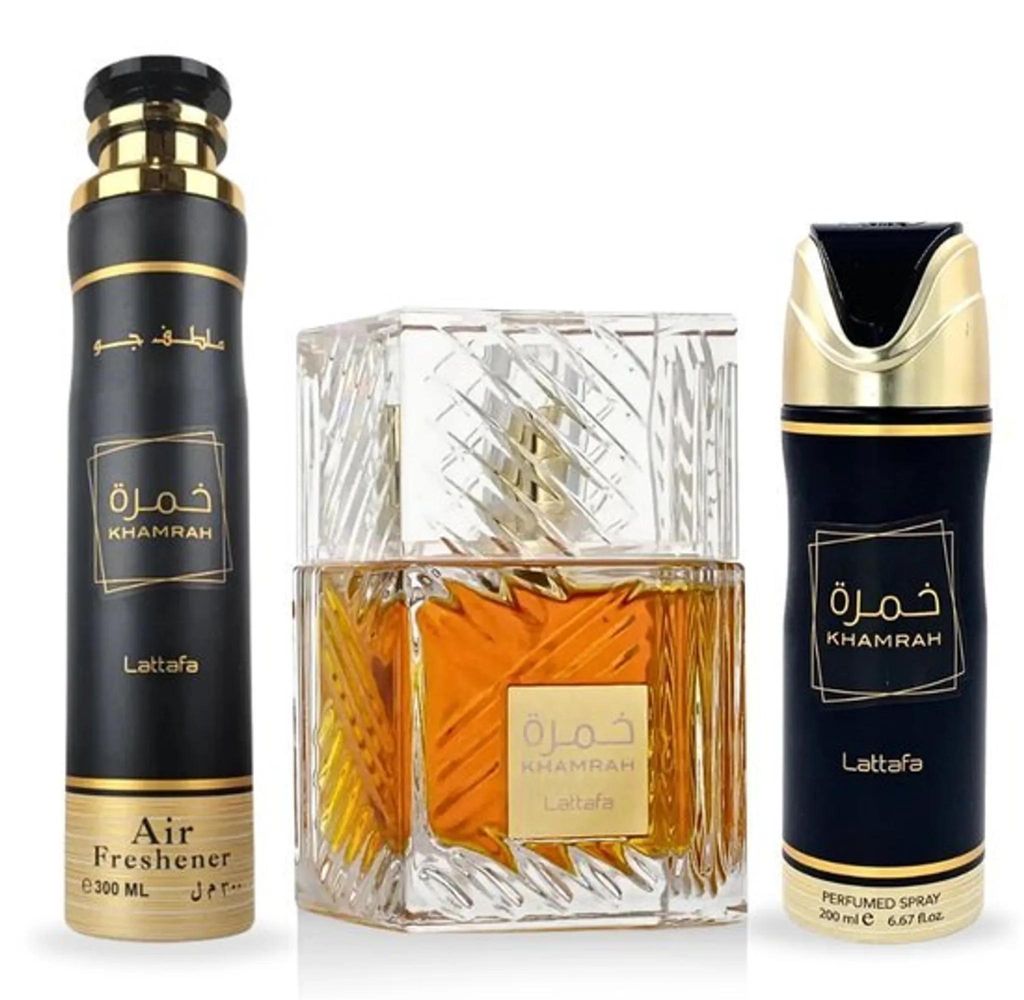 Lattafa Khamrah Geschenkset Eau de Parfum 100 ml + Perfumed Spray 200 ml + Lufterfrischer 300 ml – Orientalisch Süßer Unisex Duft