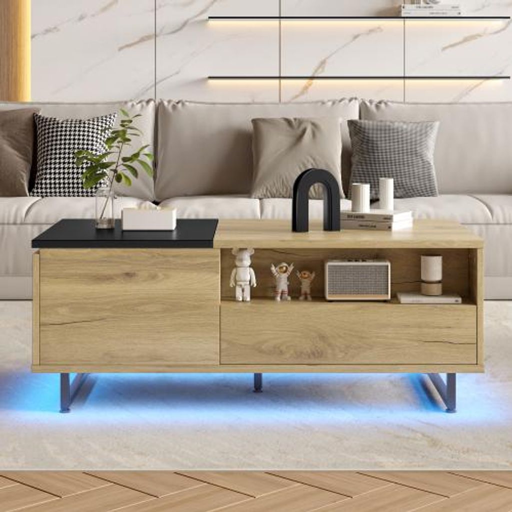 Schwarz Couchtisch Reichlich Hoehenverstellbarer 103.5¡Á50¡Á27.5cm Schrank LED Bodenlicht Stauraum Schubladen Faechern Multifunktionale Wohnzimmer