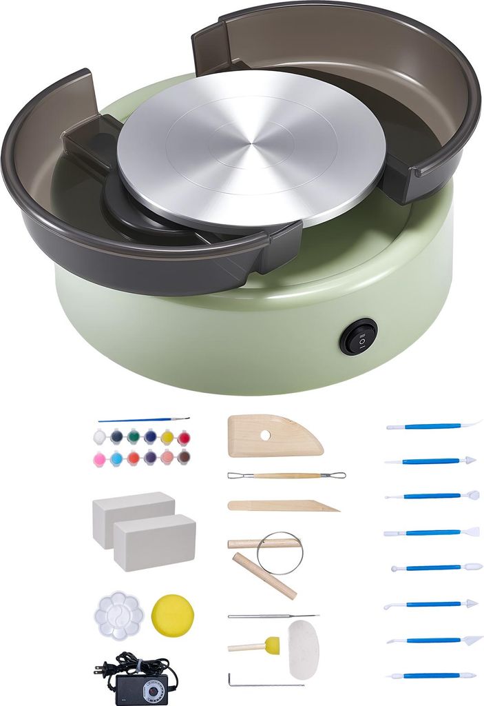 A pottery wheel and a set of pottery tools are displayed against a white background.