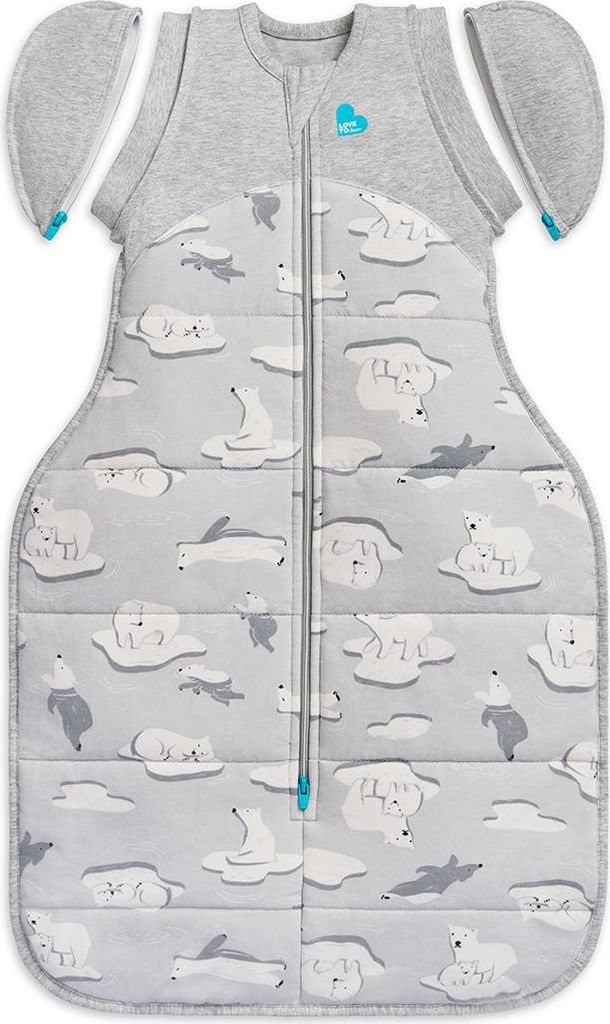 A baby sleep bag with a polar bear pattern.