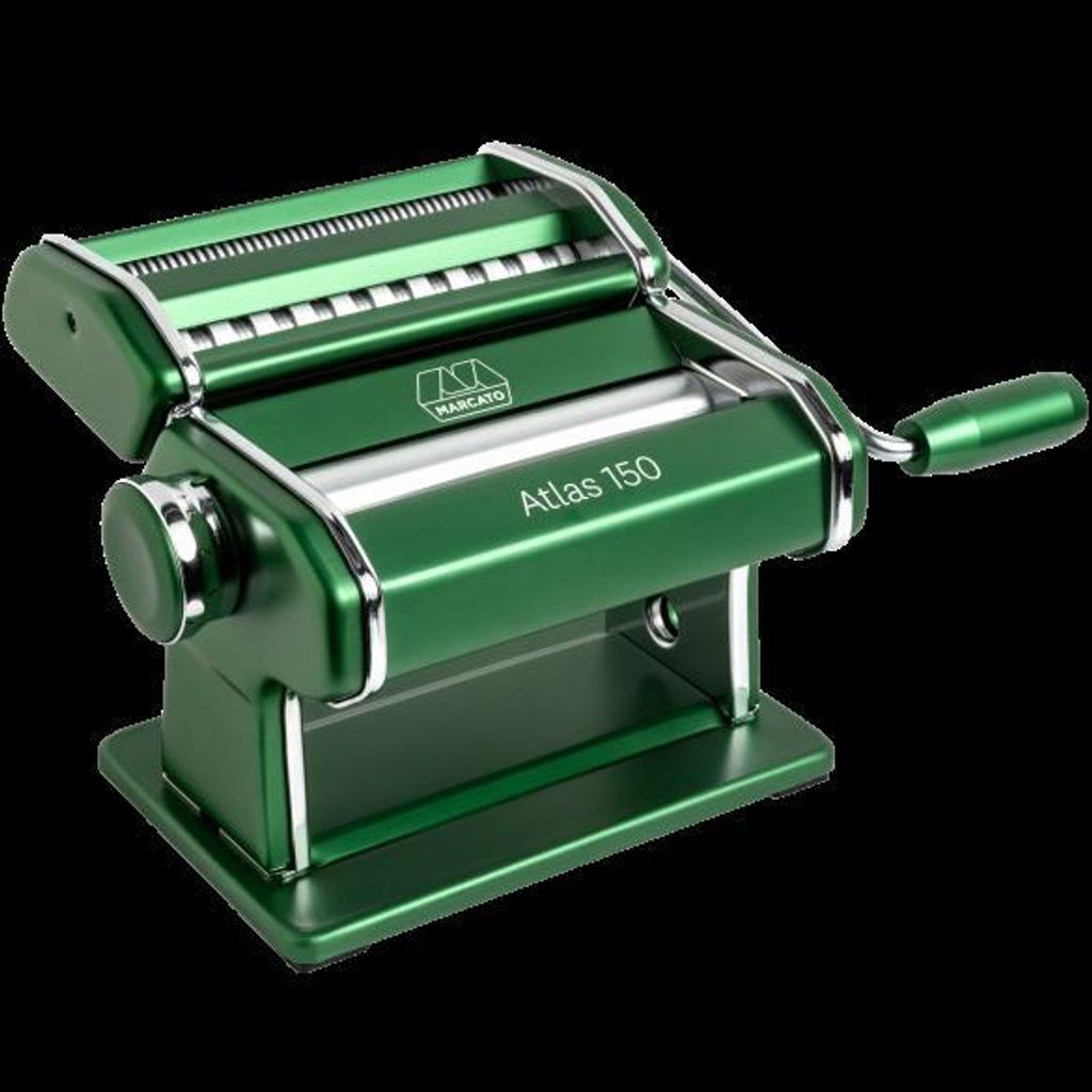 A green Marcato Atlas 150 pasta maker is shown against a black background.