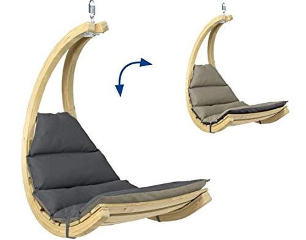 Two hanging chairs shown against a white background, one in a reclined position and the other in a more upright position, with an arrow indicating movement.