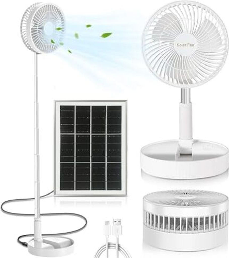 Tragbarer Standventilator Leise, 8" Akku & Solarbetriebener Ventilator, Faltbarer USB Tischventilator mit 5200mAh Akku, Höhenverstellbar