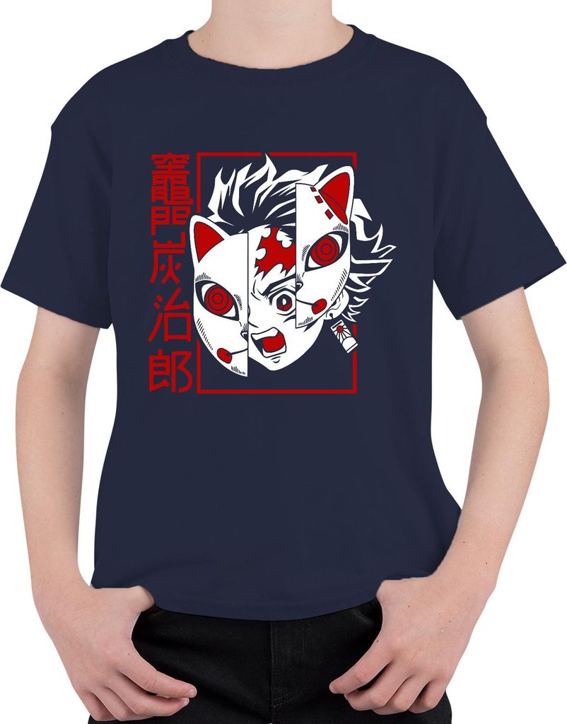 Tanjiro Kamado Kimetsu no Yaiba Fuchsmaske Anime Geschenk Uni Kinder T-Shirt, Navy, 152