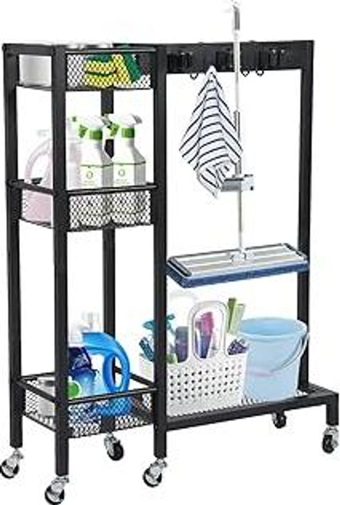 Reinigungswagen mit Besenhalterung, Mobiler Putzwagen mit 6 Räder, Besenstiel Halterung mit Doppelhaken und 3-stufiges Regal, Halterung Gartenger...