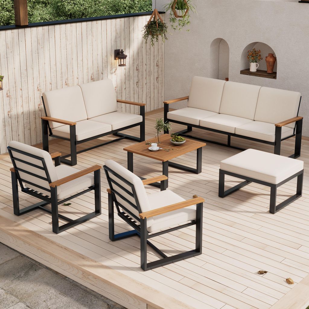 7-teiliges Gartenmöbel-Set - Beige - modulares Lounge-Set - Akazienholz & verzinkter Stahl