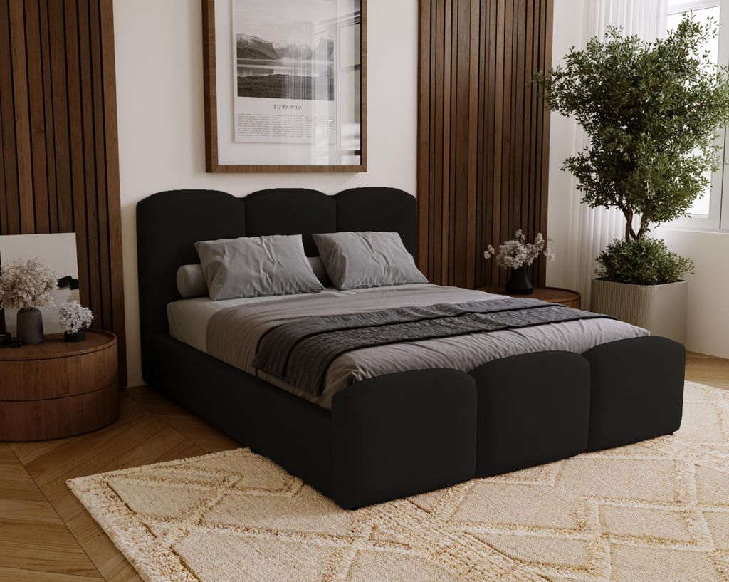Bett 140x200 cm Capri mit Bettkasten - Polsterbett, Metall-Lattenrost, Samtstoff Schwarz (Magic Velvet 2219)