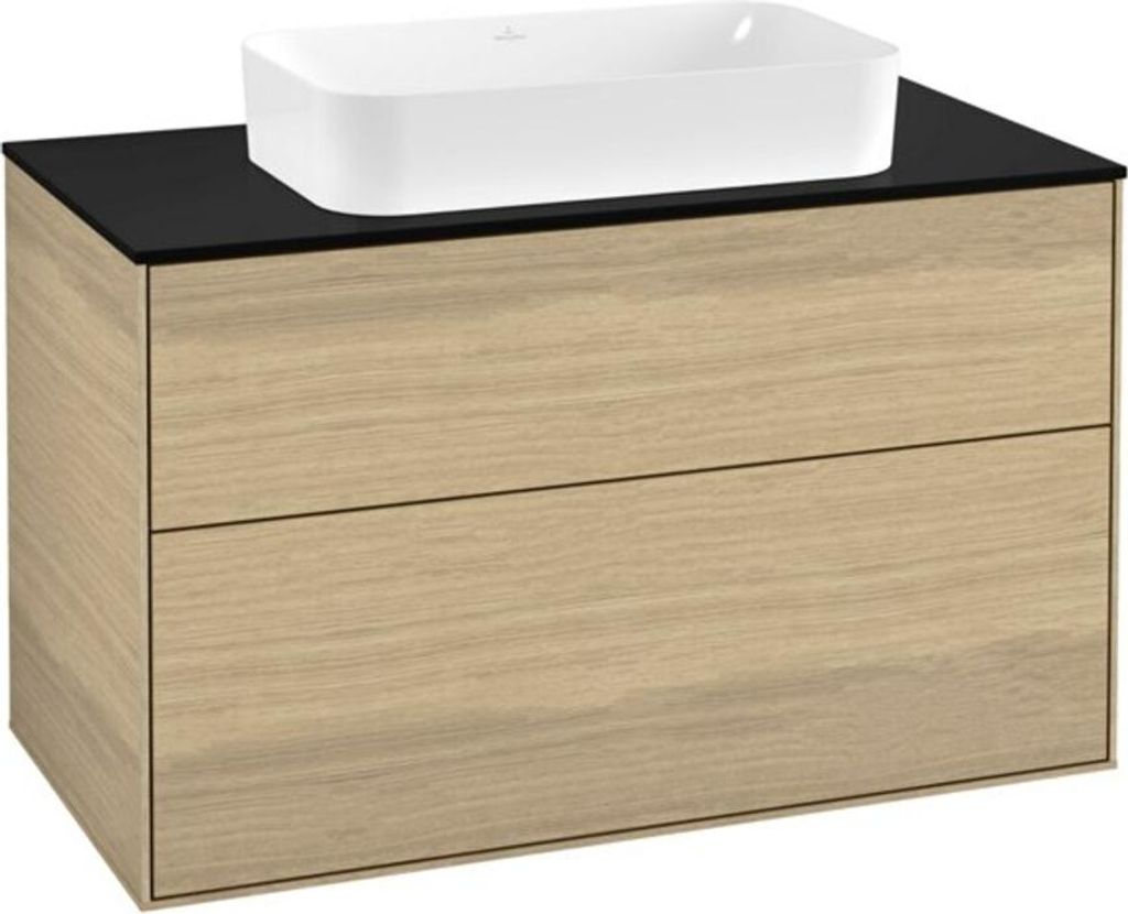 Villeroy & Boch Finion Waschtischunterschrank, 2 Auszüge, mit integrierter Beleuchtung, Waschbecken mittig, mit Hahnloch, 1000x603x501mm, Glass Bl...