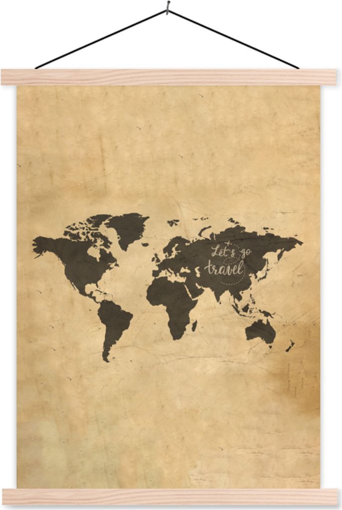 MuchoWow Textilposter Weltkarte - Vintage - Zitat 120x160 cm mit holzfarbenen Rahmen - Plakatkarton