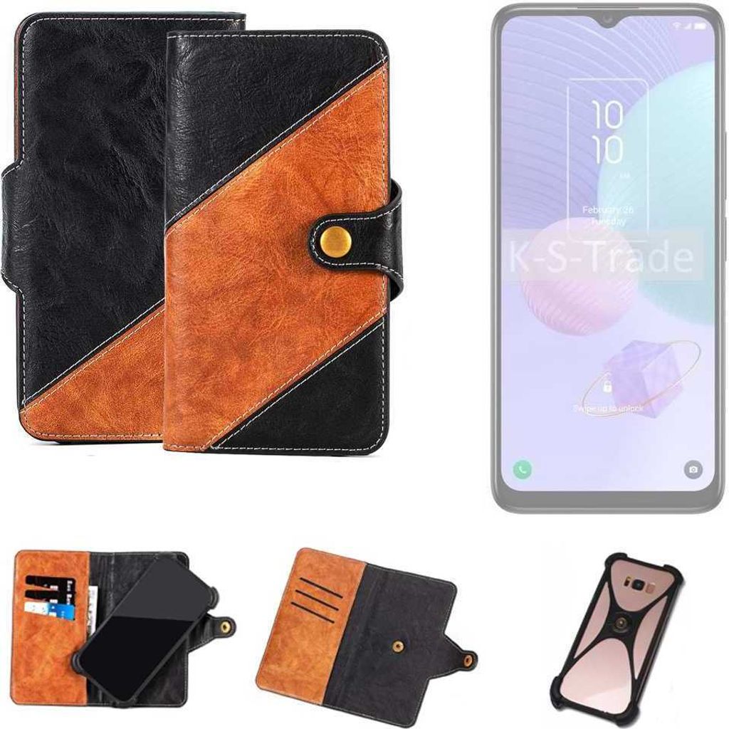 K-S-Trade Handyhülle Schutzhülle Bookstyle Case Wallet-Case kompatibel mit TCL 405 Handy Cover Bumper Klapphülle schwarz hellbraun 1x
