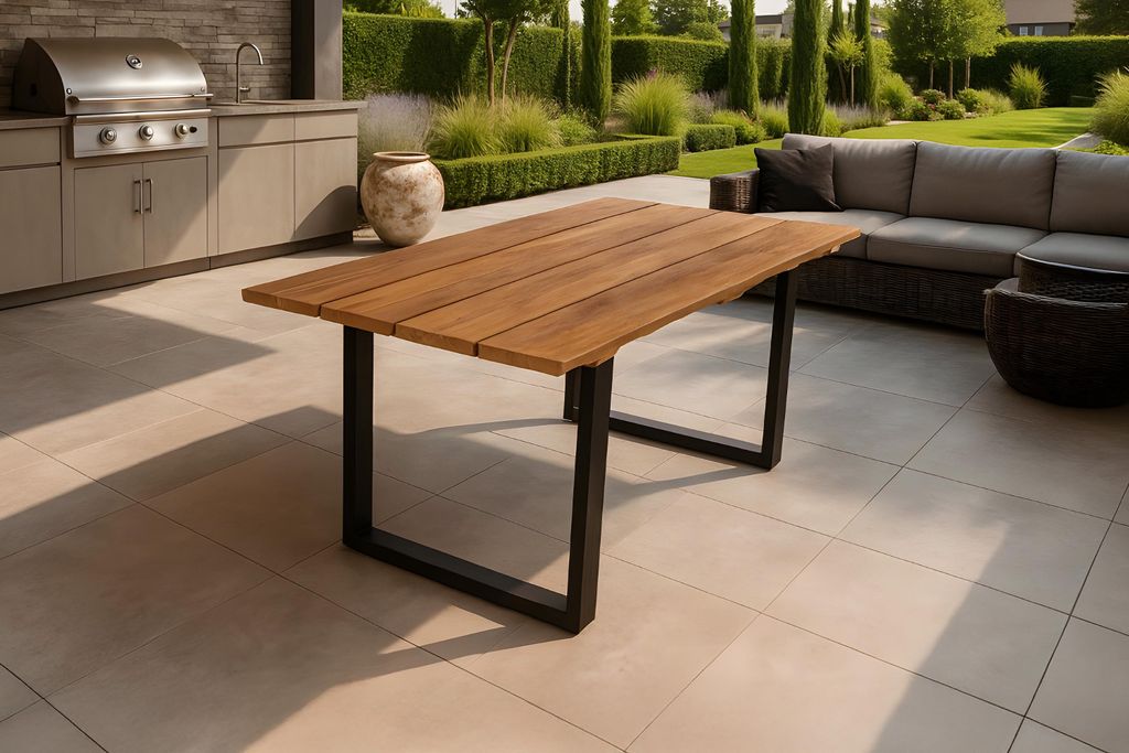 Gartentisch Outdoor massiv Teakholz 180 x 90 U-Gestell Metall schwarz BOGOTA