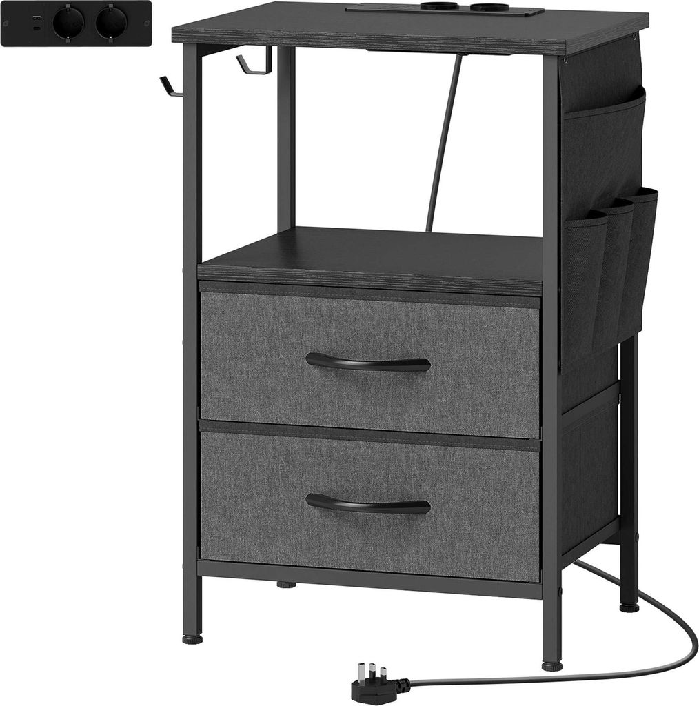 Beistelltisch mit Ladestation, Stahlgestell, Schwarz, 40 x 30 x 60 cm