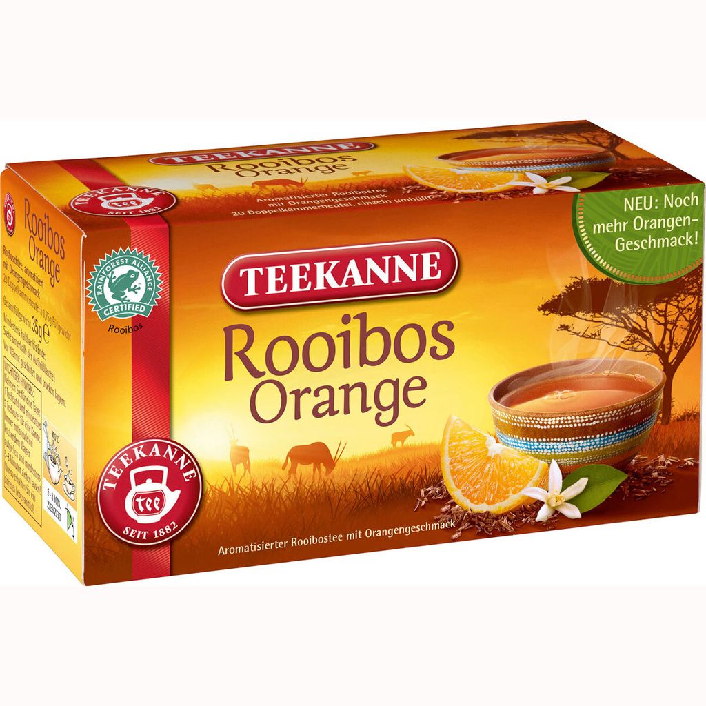 A box of Teekanne Rooibos Orange tea.