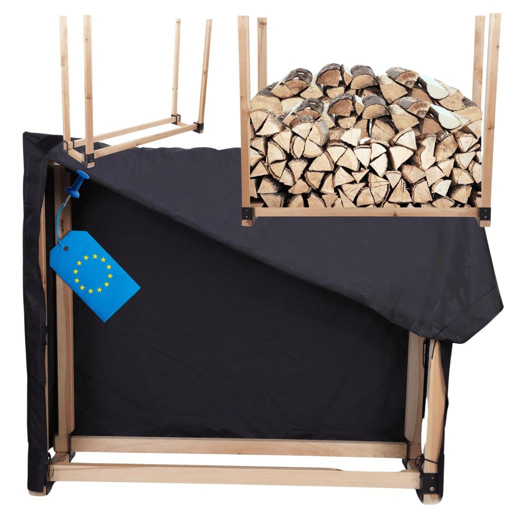 MODO24 Kaminholzregal, Holzunterstand, mit Abdeckung, Schutzplane, Brennholzregal, Holzlager, Garten, Wetterfest, Massivholz, 150x116x40 cm, DRE