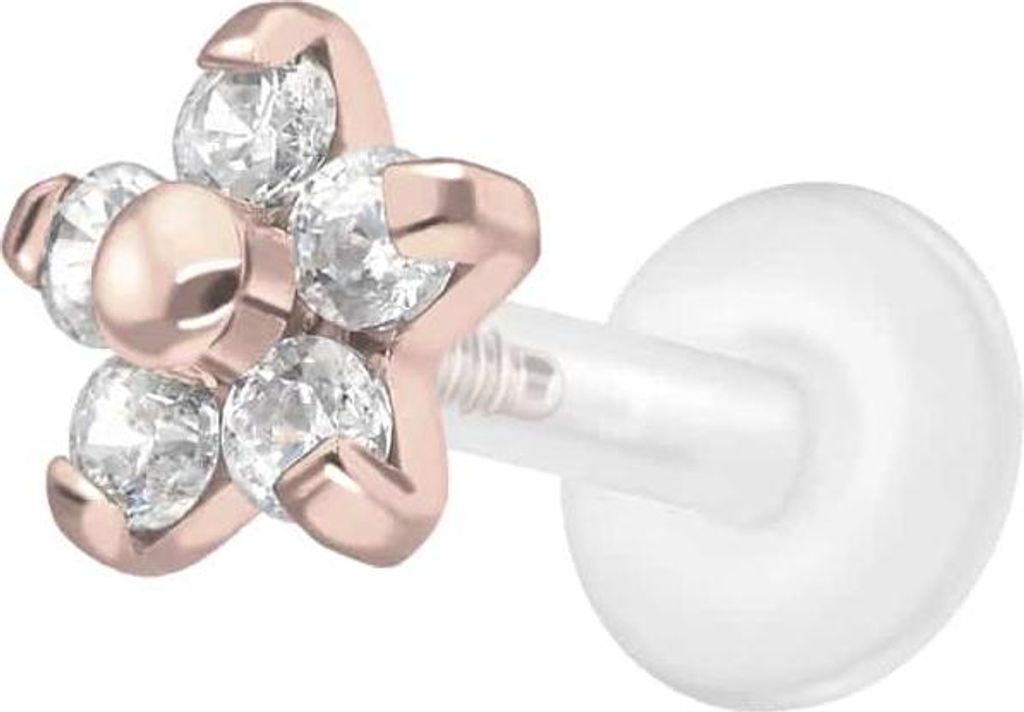 Ohrpiercing, Nasenpiercing PTFE Labret mit Innengewinde + Titan-Aufsatz BLUME MIT 5 KRISTALLEN RoséGold Stablänge: 6mm | Stabstärke: 1,2mm