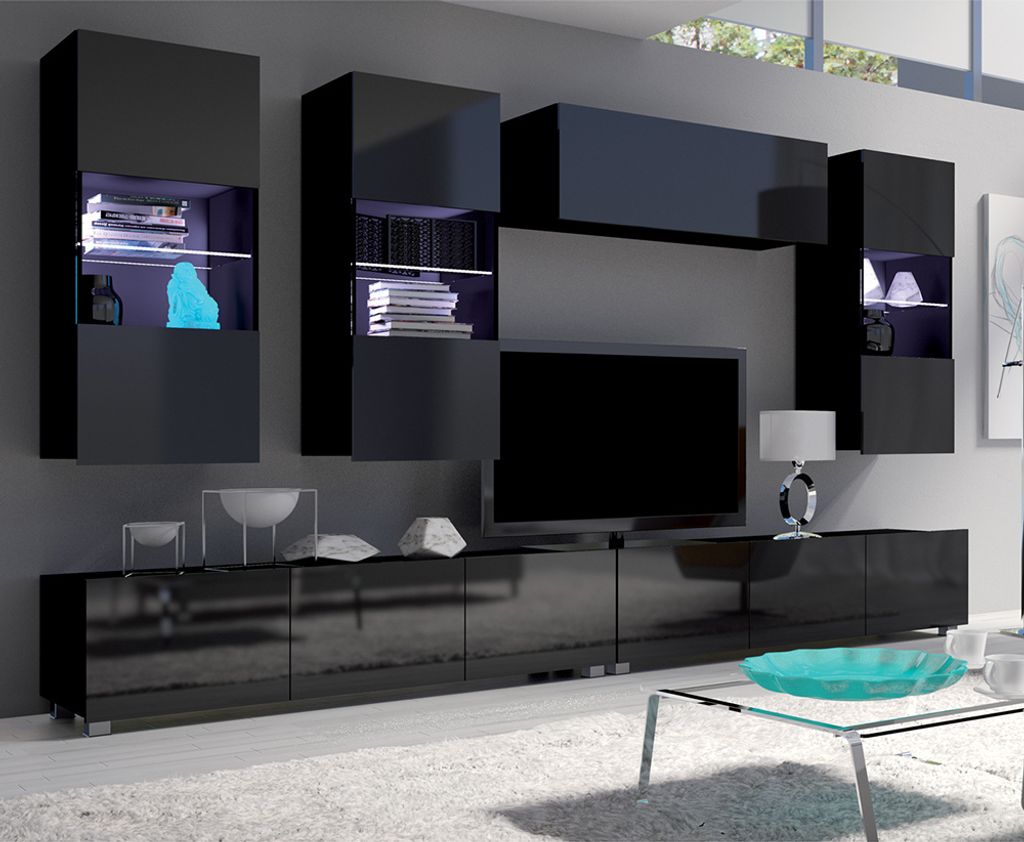 Wohnwand mit beleuchteten Hängevitrinen in schwarz Hochglanz mit LED Beleuchtung CAIRNS-132, B/H/T ca. 300/200/43 cm