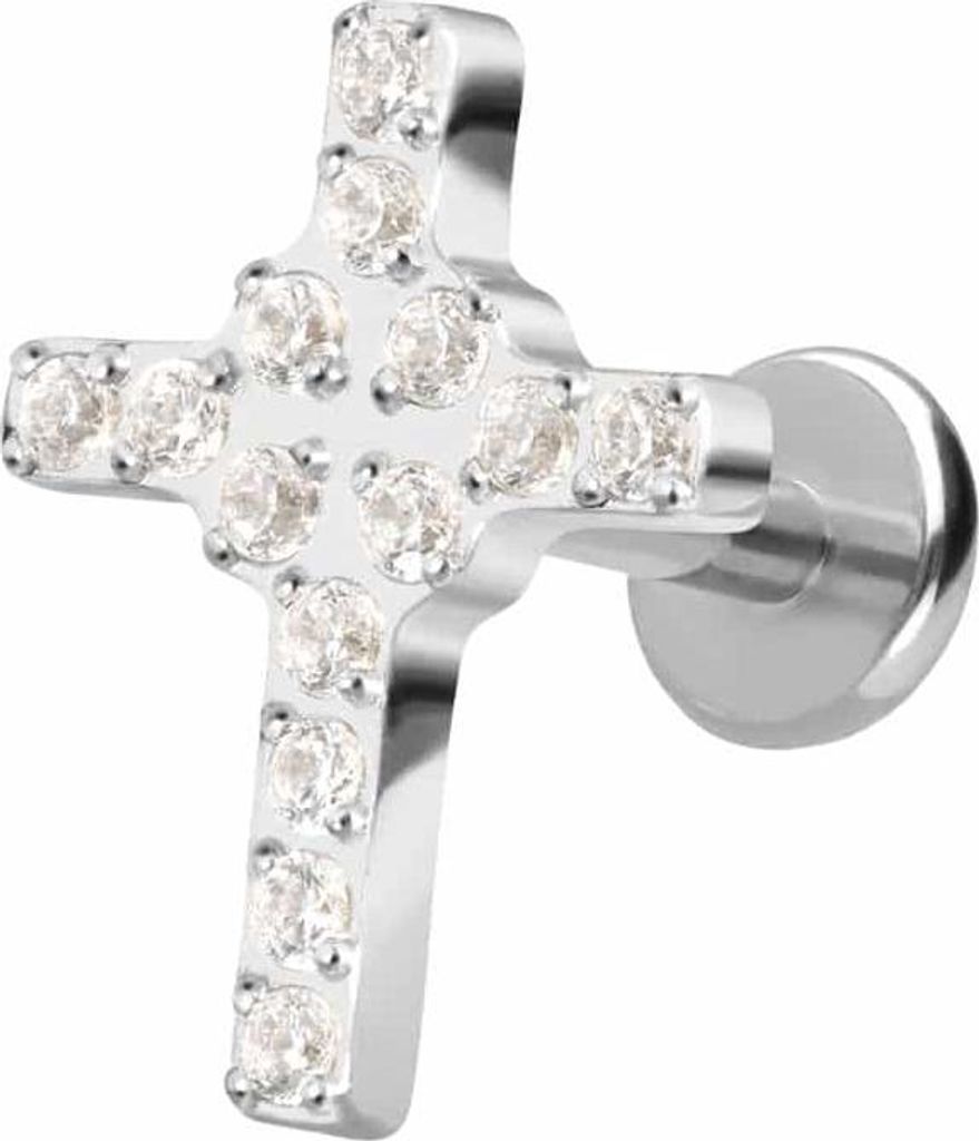 Ohrpiercing, Nasenpiercing Titan Labret mit Push Fit KRISTALLKREUZ Silber Stablänge: 9mm | Stabstärke: 1,2mm
