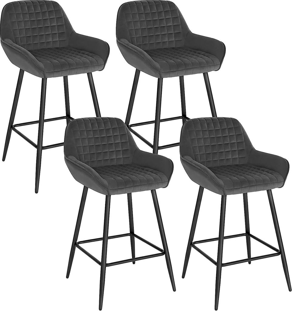 Four dark gray bar stools are arranged in a grid formation against a white background.