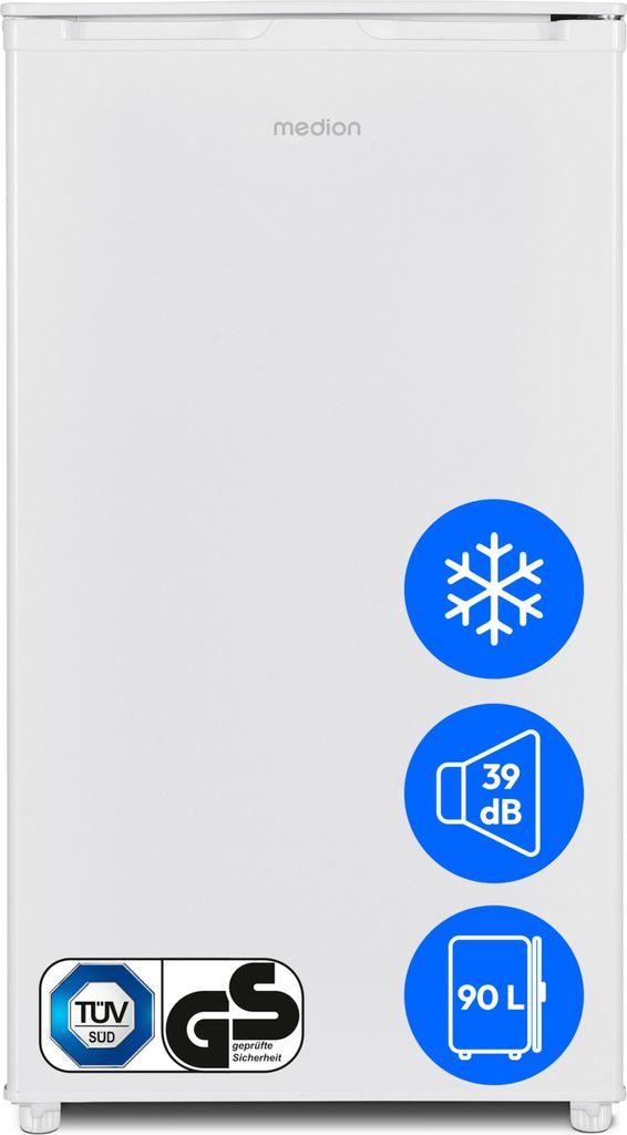 A white Medion refrigerator shown from the front.
